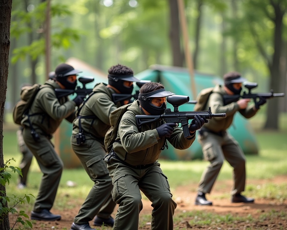 Corporate group participating in outdoor team-building activities in Bangalore, enjoying a paintball game surrounded by lush greenery