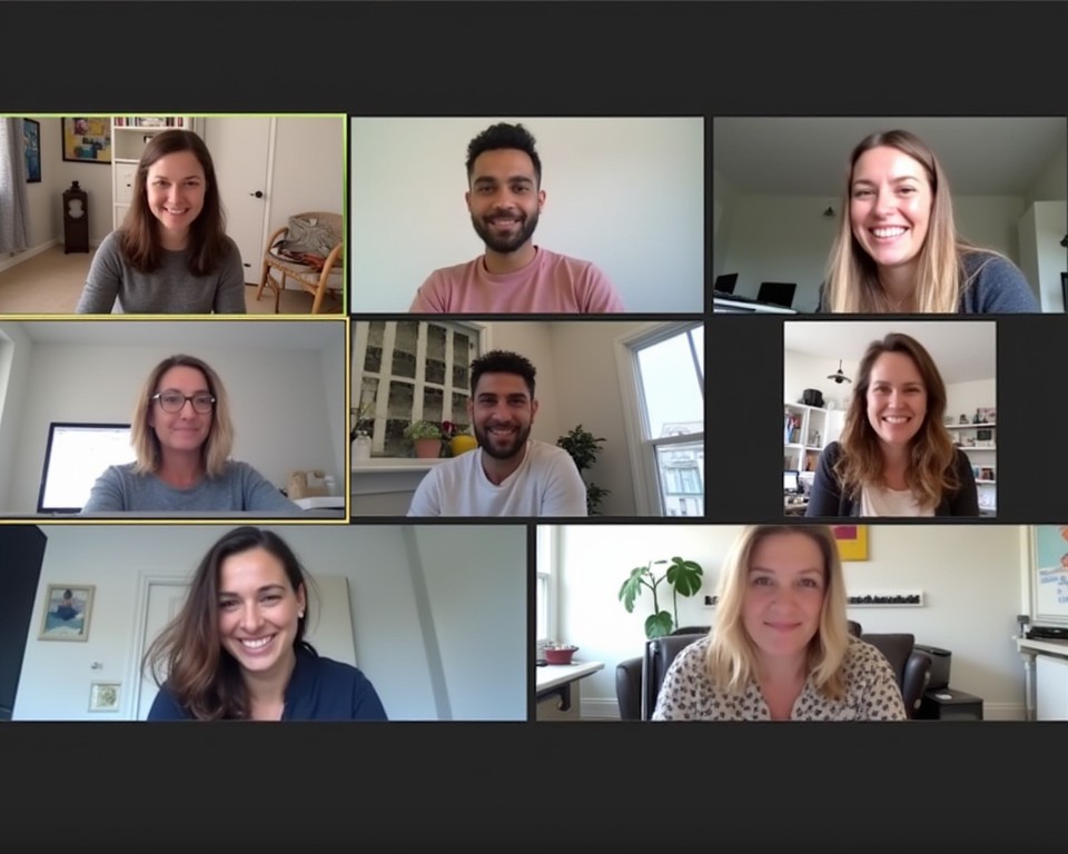 Remote team members on a virtual call participating in an online trivia challenge for team building