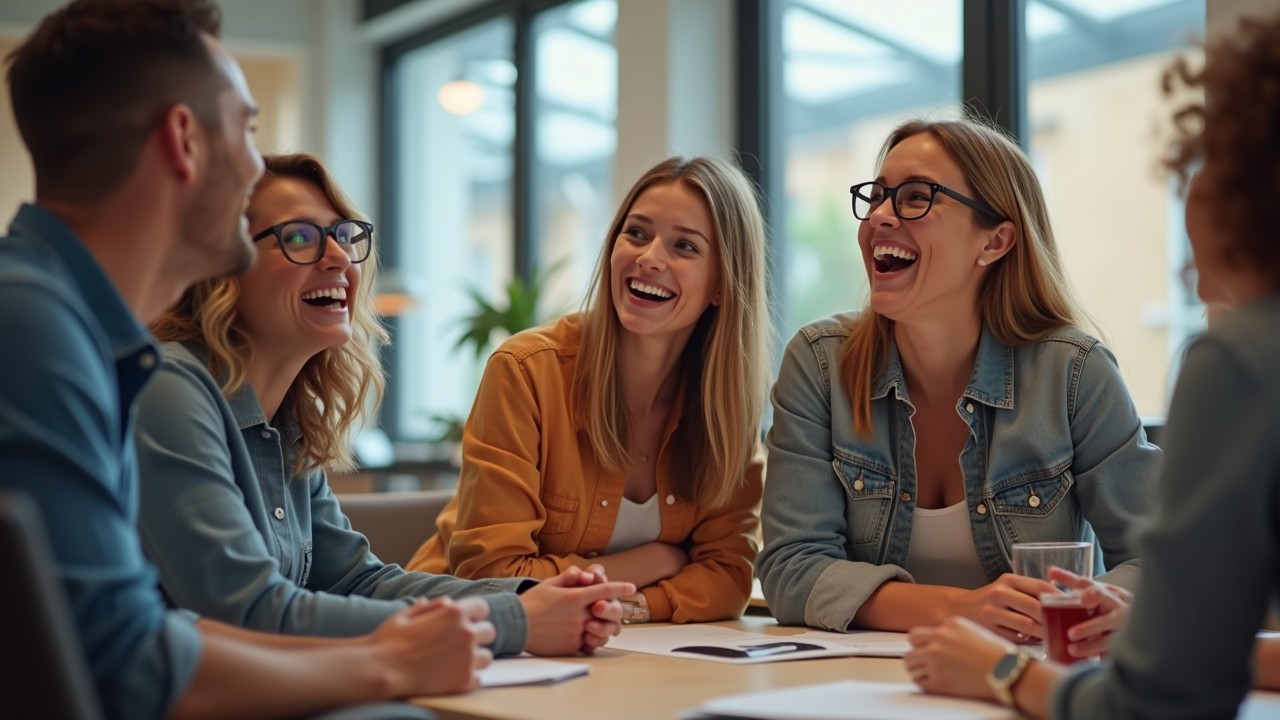 Employees enjoying funny team-building activities like improv games and role-playing in a lively and relaxed office environment.