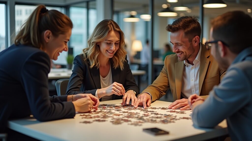 Small group solving a puzzle in a team-building activity, emphasizing teamwork and collaboration in a modern office setting.