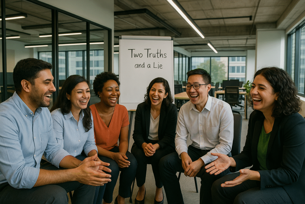 Small group in Bangalore office laughing during Two Truths and a Lie team building activity indoors.