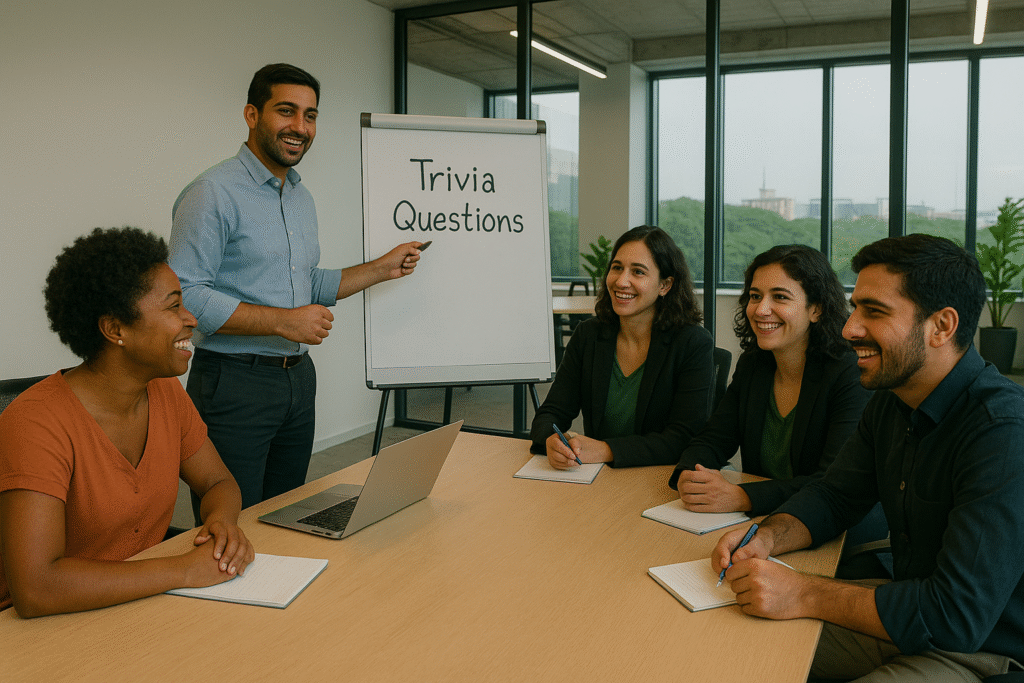 Small team in Bangalore office answering trivia questions during an indoor team building activity.