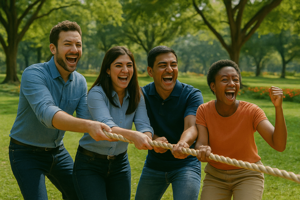 Small group in Bangalore park cheering during a tug of war team building activity outdoors. (