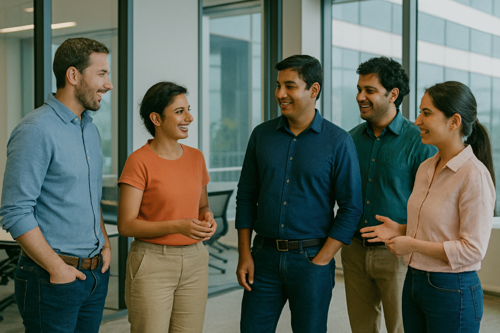 Small group in Bangalore office mingling during 3 Question Mingle 5-minute team activity.
