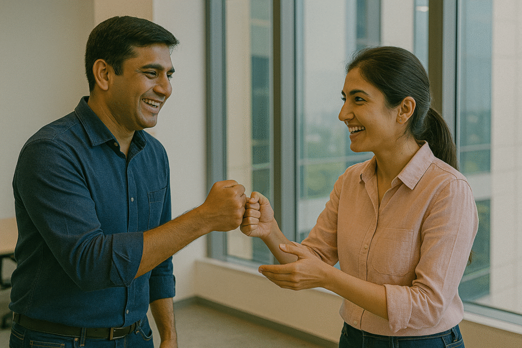 Two people in Bangalore office smiling during Open Fist 5-minute team building activity.