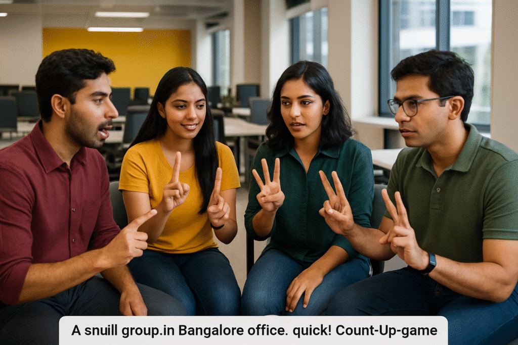 Small group in Bangalore office focused during Count Up 5-minute team building activity.
