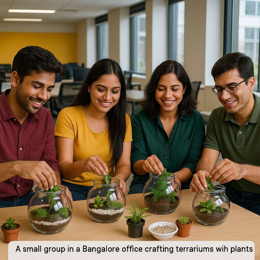 Small group in Bangalore office crafting terrariums during a creative team building activity. (