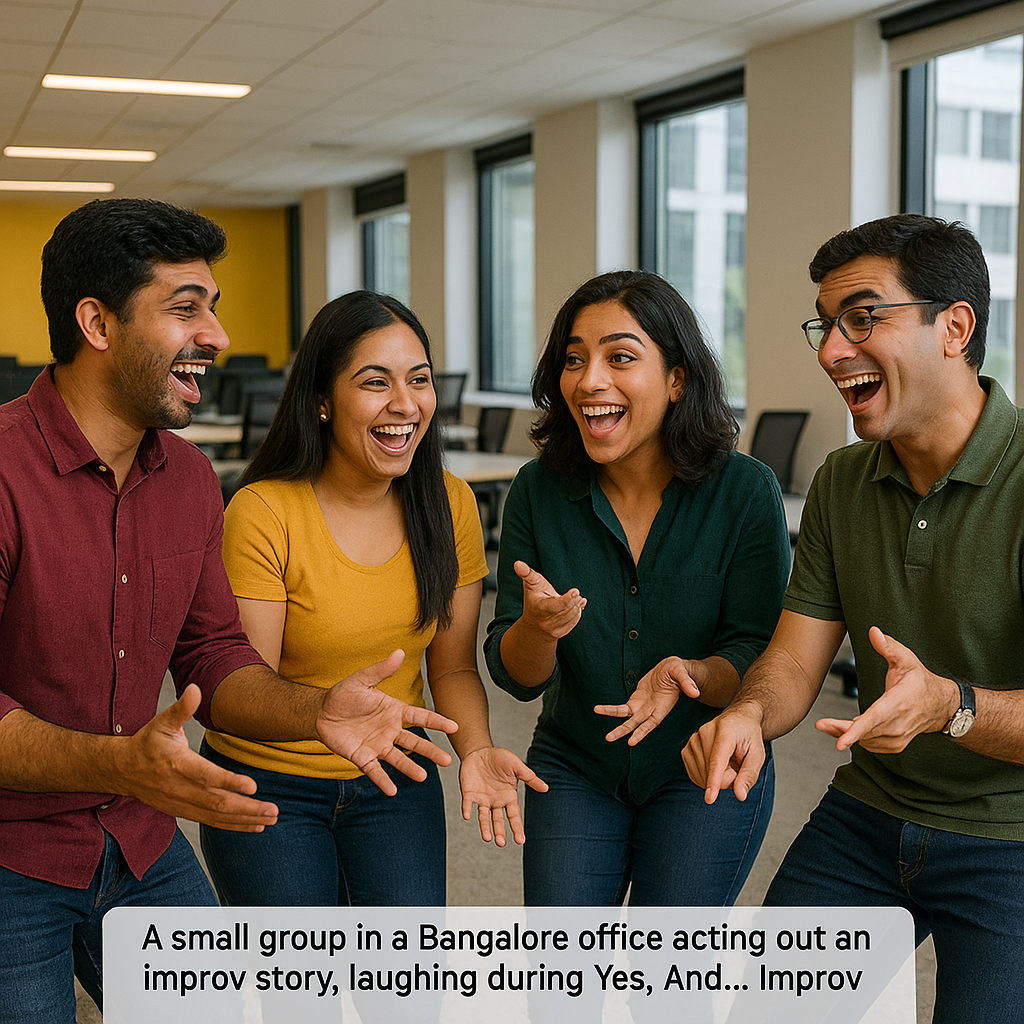 Small group in Bangalore office laughing during Yes, And… Improv team building activity.