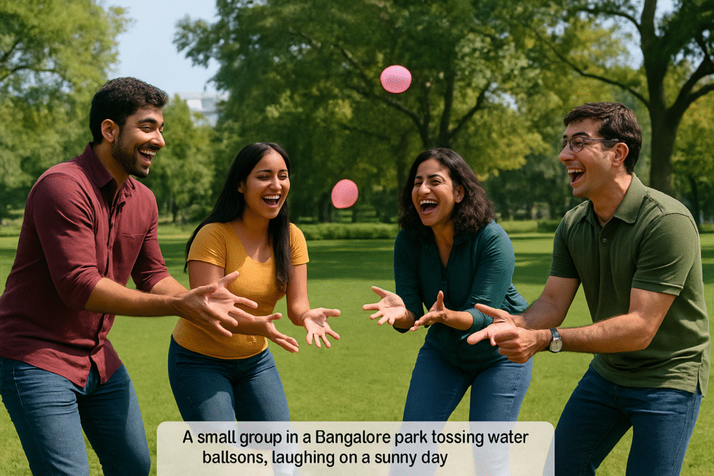 Small group in Bangalore park laughing while tossing water balloons in team building activity
