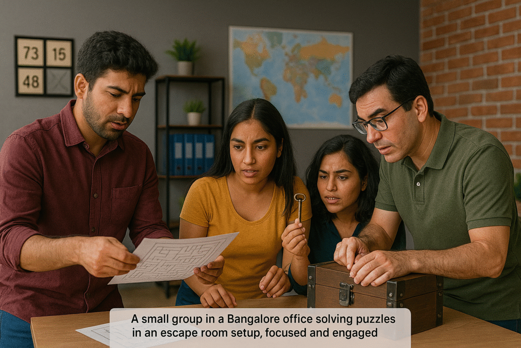 Small group in Bangalore office solving puzzles in an escape room team building activity.