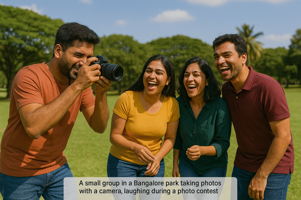 Small group in Bangalore park laughing during a photo contest team building activity.
