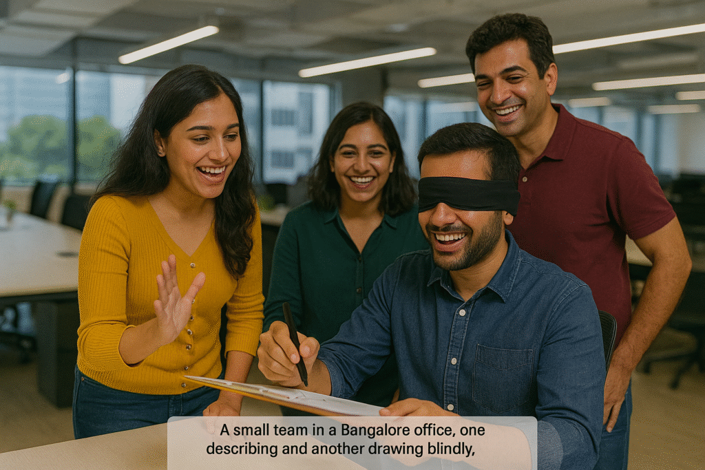 Small team in Bangalore office smiling during Blind Drawing indoor team building activity.