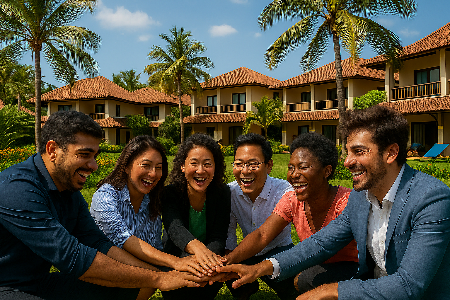 Small corporate team laughing during a team building activity in a Bangalore Resort garden area.