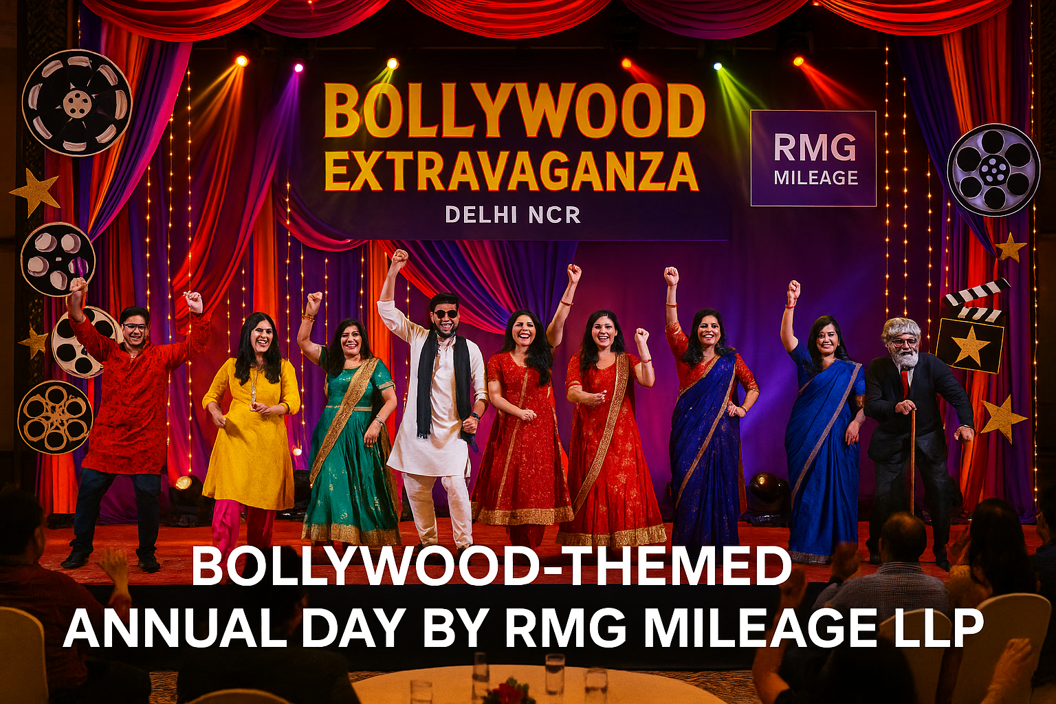 Bollywood-themed company annual day celebration in Delhi NCR by RMG MILEAGE LLP, featuring vibrant decor and employee dance performances.
