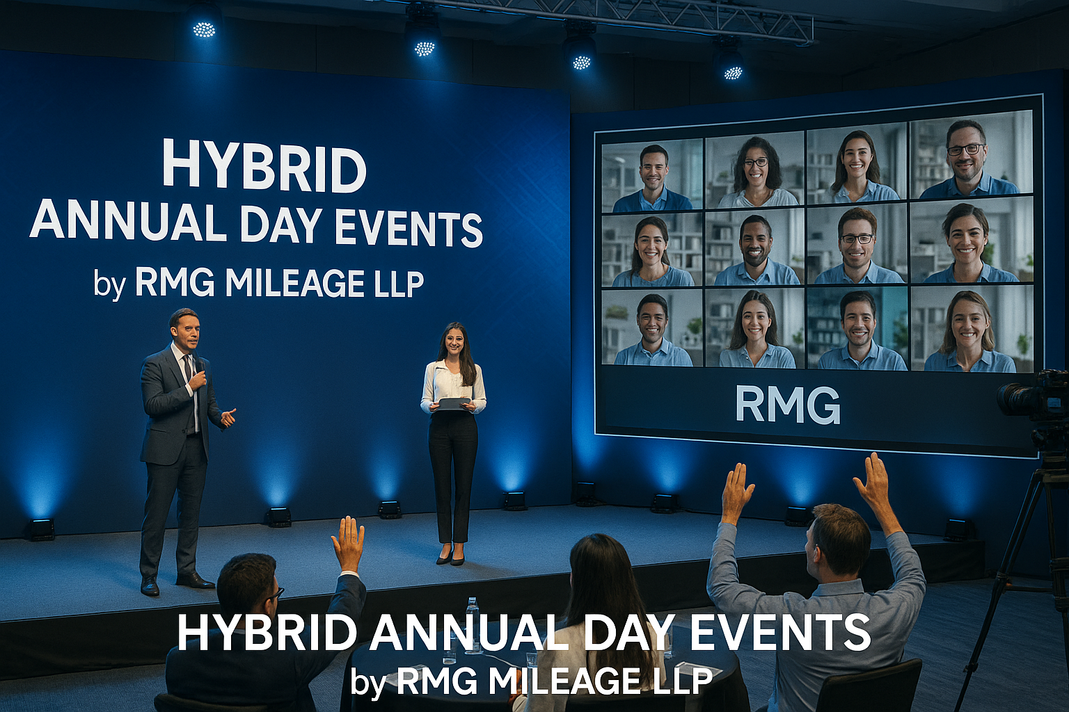 Hybrid company annual day celebration in Delhi NCR by RMG MILEAGE LLP, featuring advanced AV technology and virtual employee engagement.