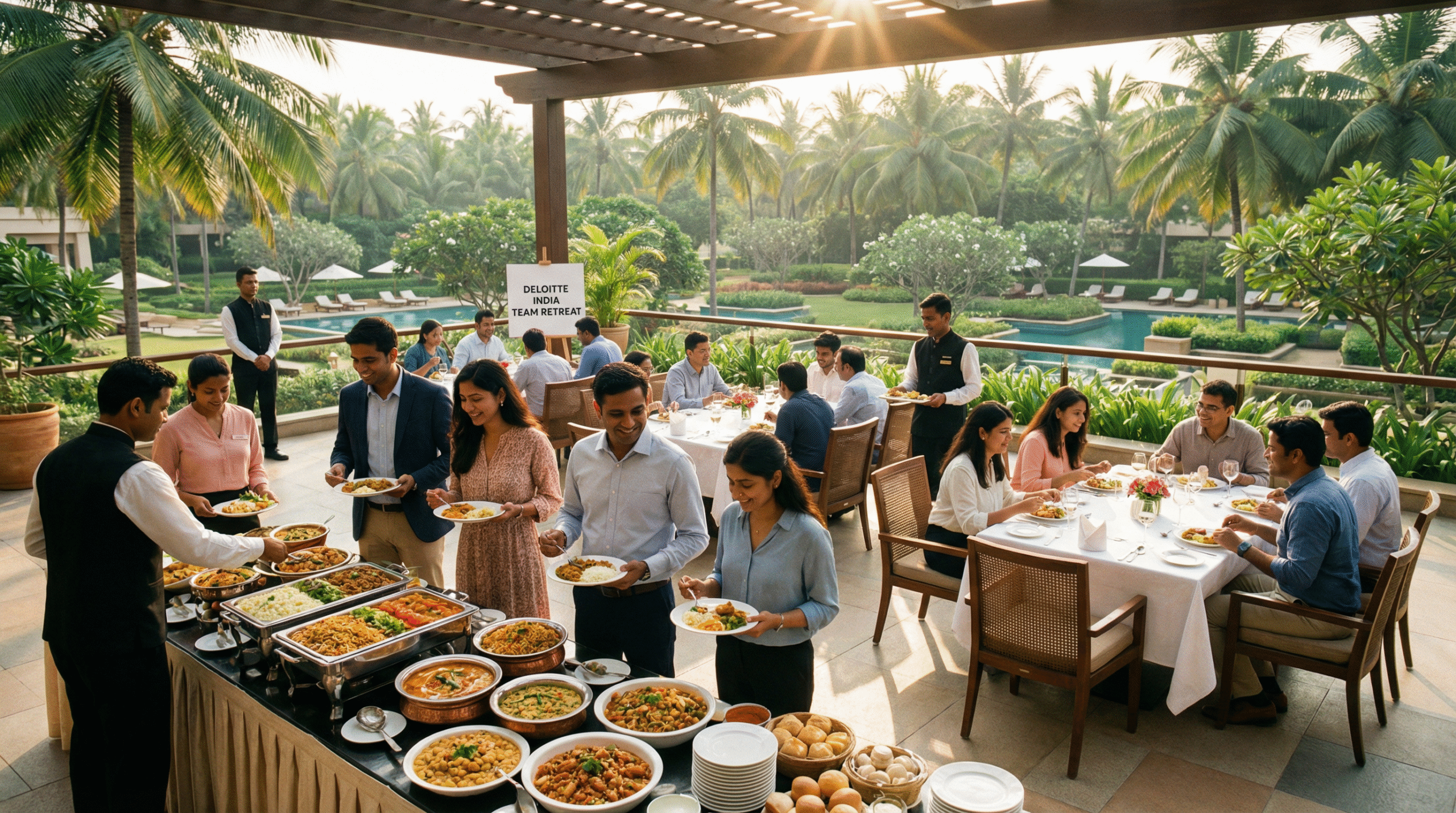 A premium resort dining setup with Indian corporate employees enjoying a buffet lunch during a team outing