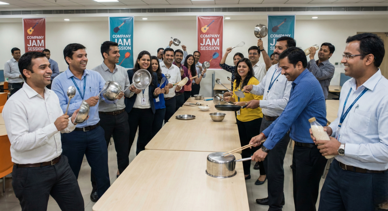 teams playing music using kitchen utensils indoors