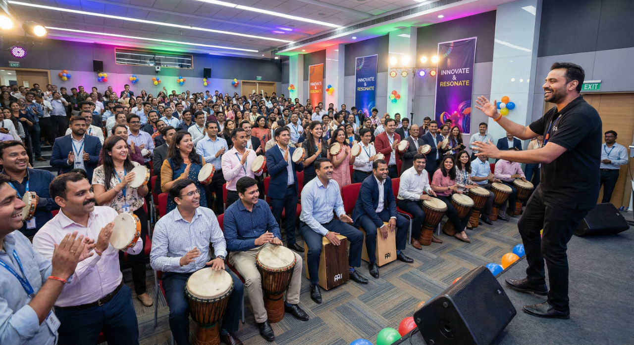 Large indoor drum circle team building session